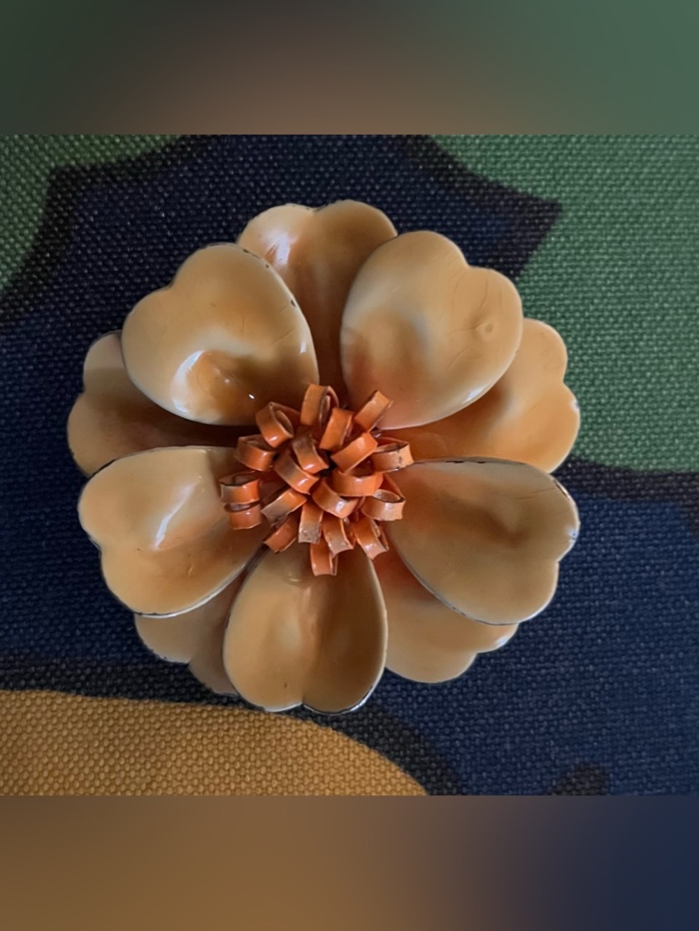 Vintage Enamel Flower Brooch Pin Peach Coral Orange Mod Floral 1960s 70s